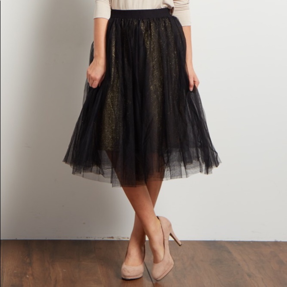 Black Tulle Mesh Gold Sparkle Underlay Midi Skirt